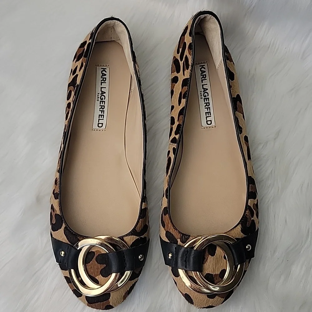 KARL LAGERFELD Liannes Leopard Animal Printed Calf Hair Embellished Ballet Flats